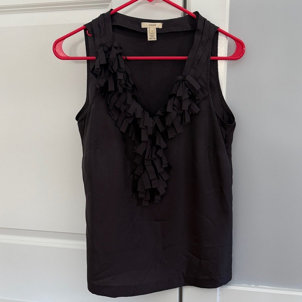 J. Crew Black Ruffle V-Neck Silk Sleeveless Blouse